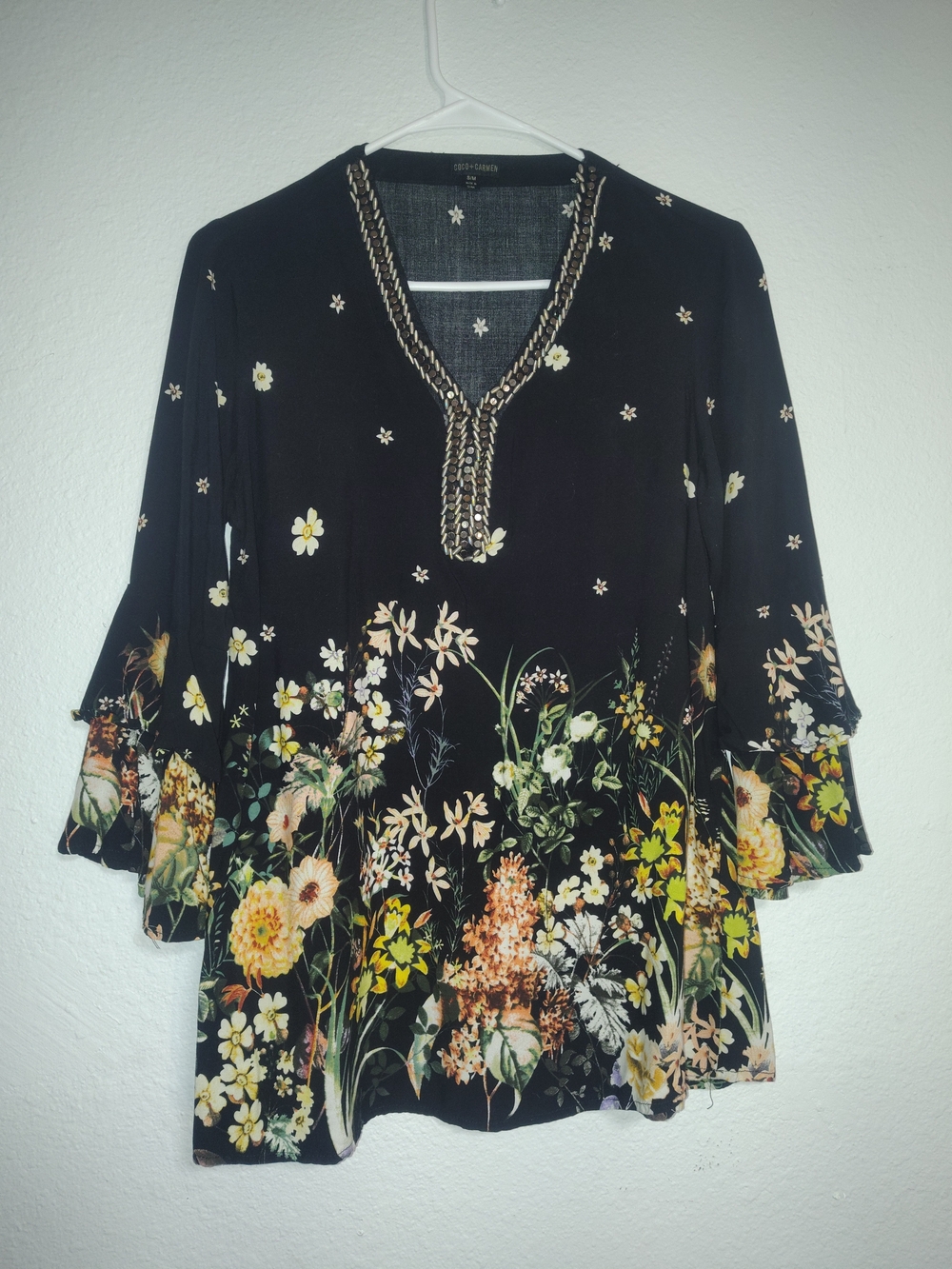 Coco + Carmen Black Floral V-Neck Tunic with Yellow & Cream Accents